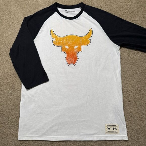 Under Armour Project Rock Iron Paradise Mens Medium Raglan Shirt White Two Sided - Picture 1 of 11